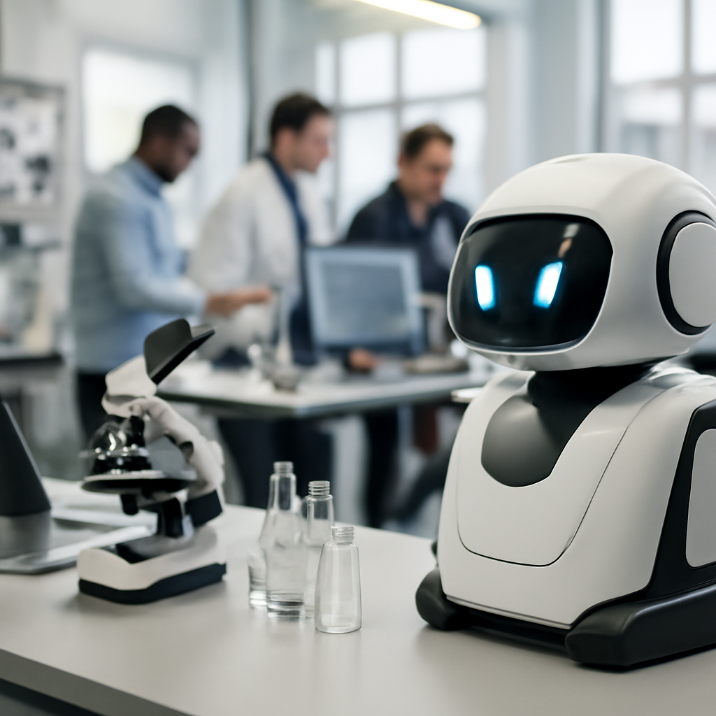 Researchers work on a futuristic AI system in a bright, clean laboratory setting.