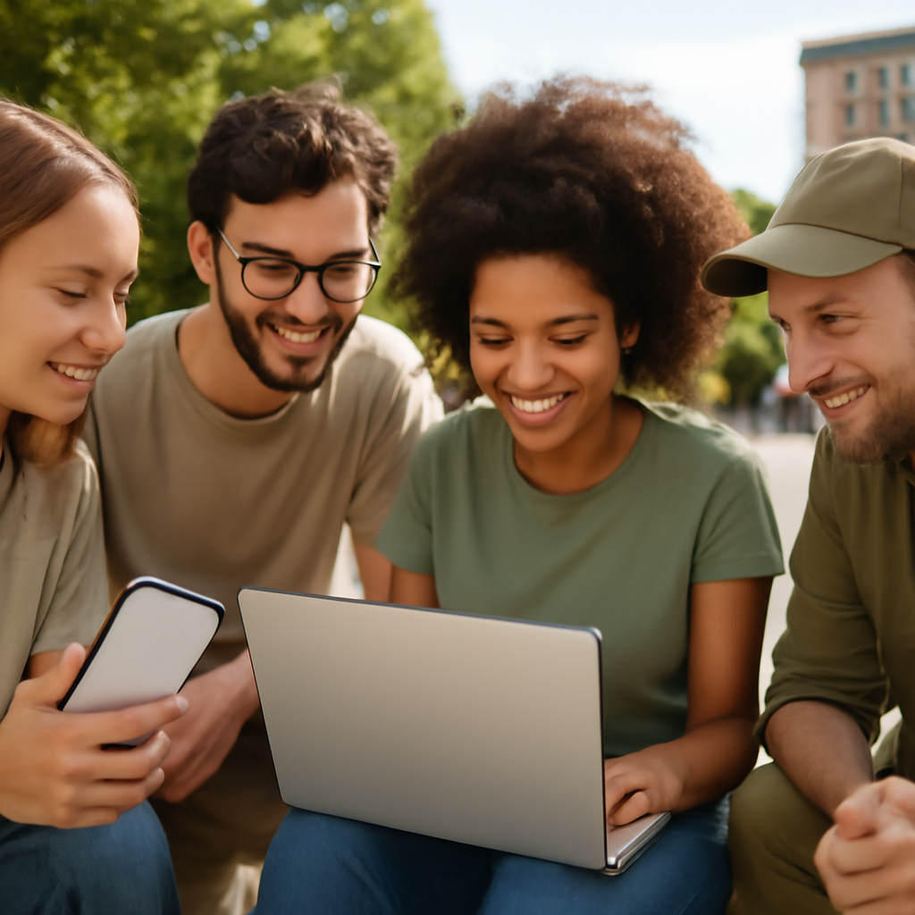 People gathered around a device in a public space, collaborating and conversing casually.