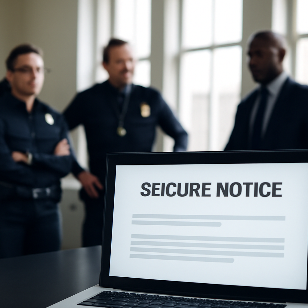 Law enforcement officials in a government office with a computer screen displaying a seizure notice in the background.