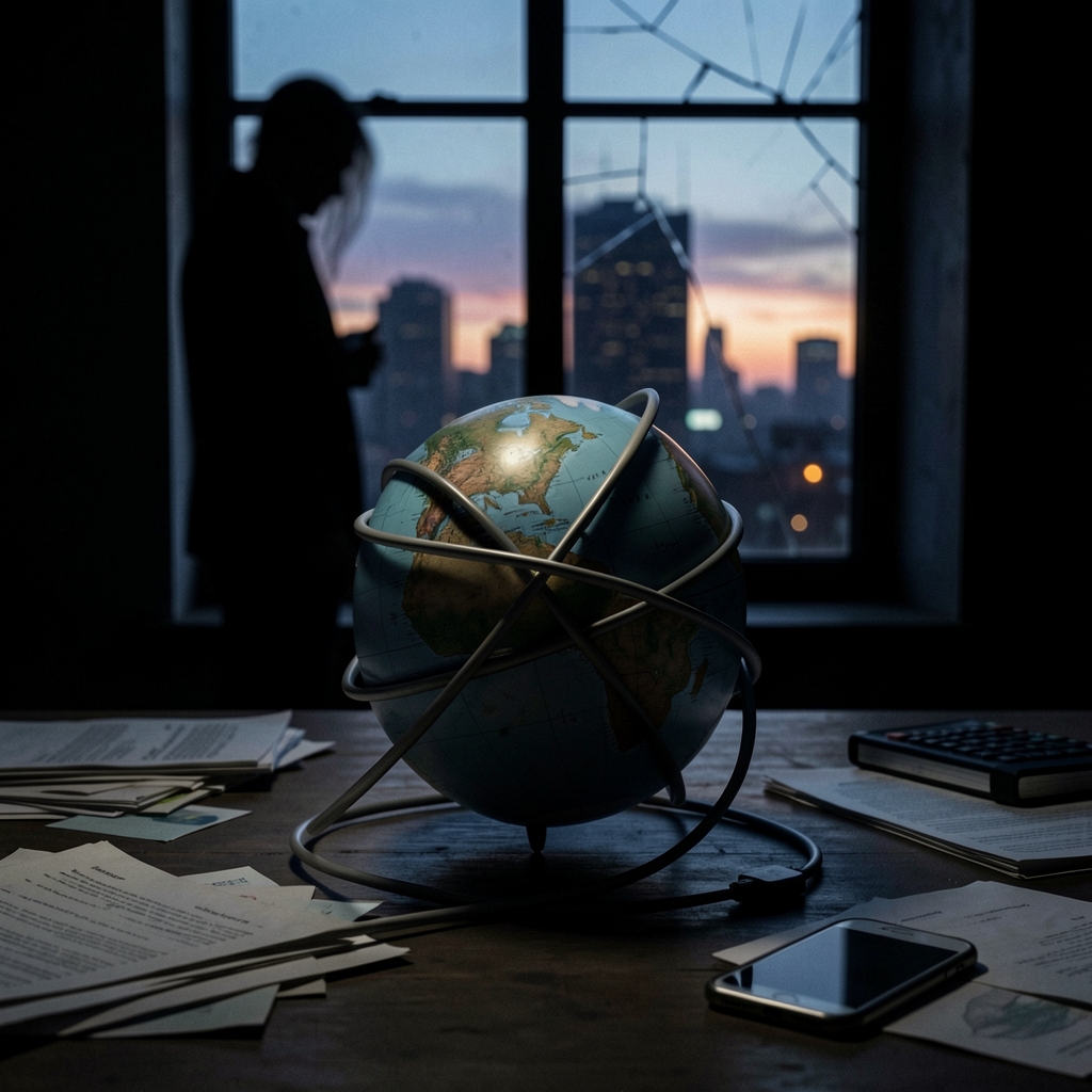Severed laptop cord wrapped around a globe with scattered papers and a smartphone near a cracked windowpane overlooking a…