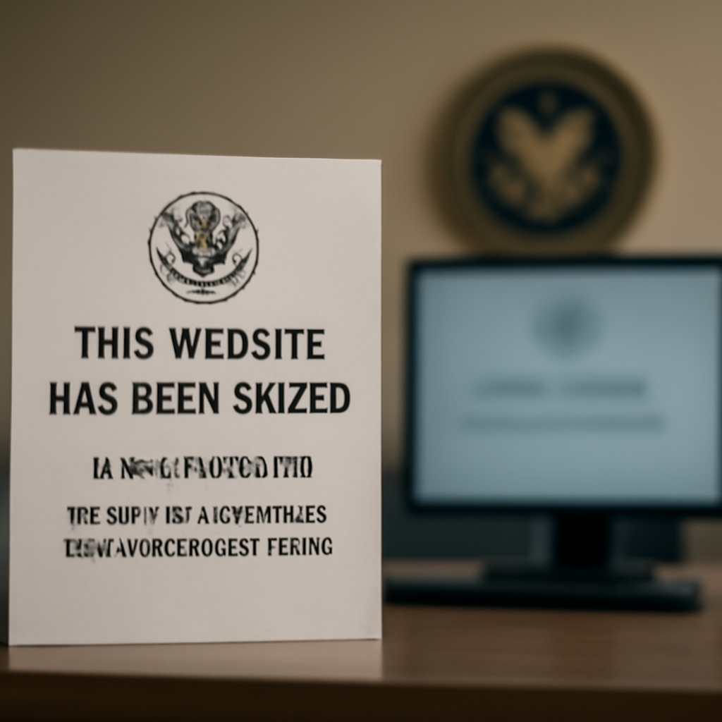 Law enforcement setting with seized computer and monitor displaying a blank screen.