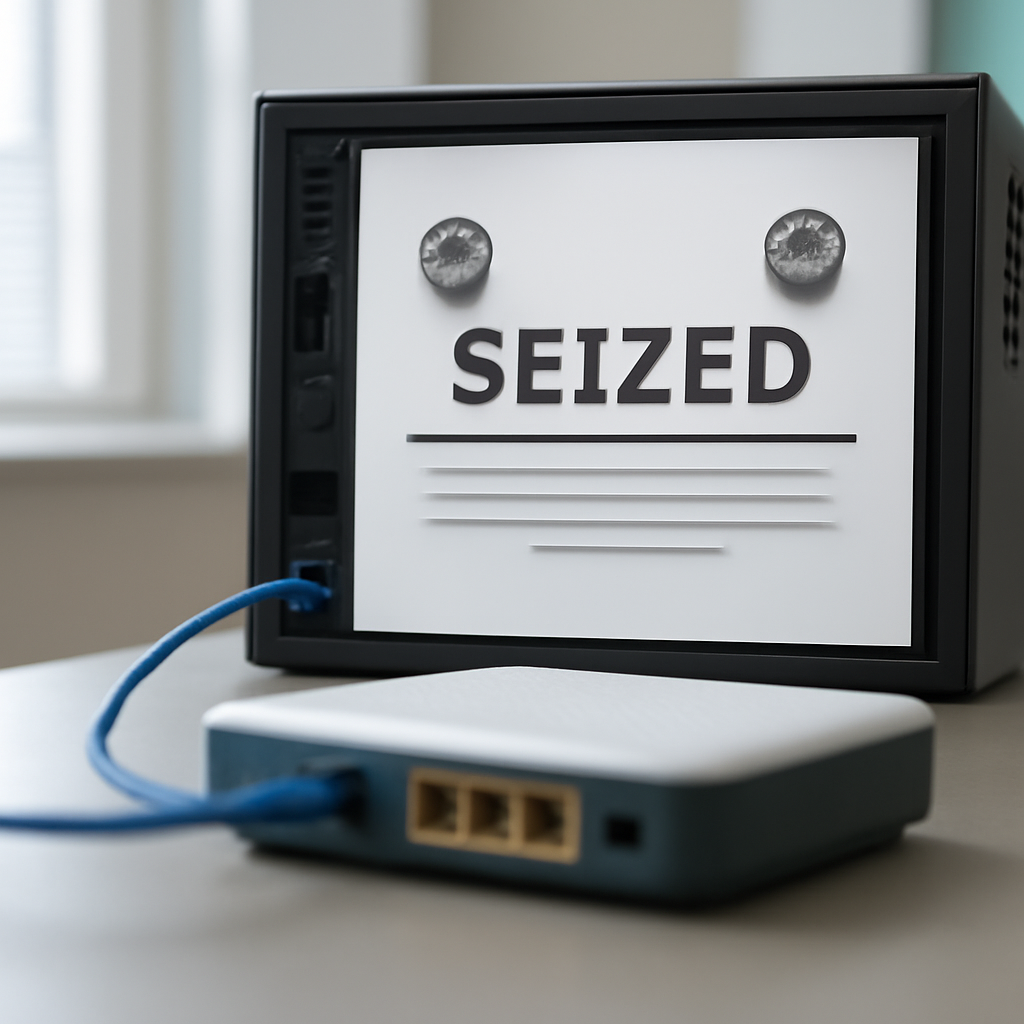 Law enforcement setting with seized computer equipment and a notice on screen.
