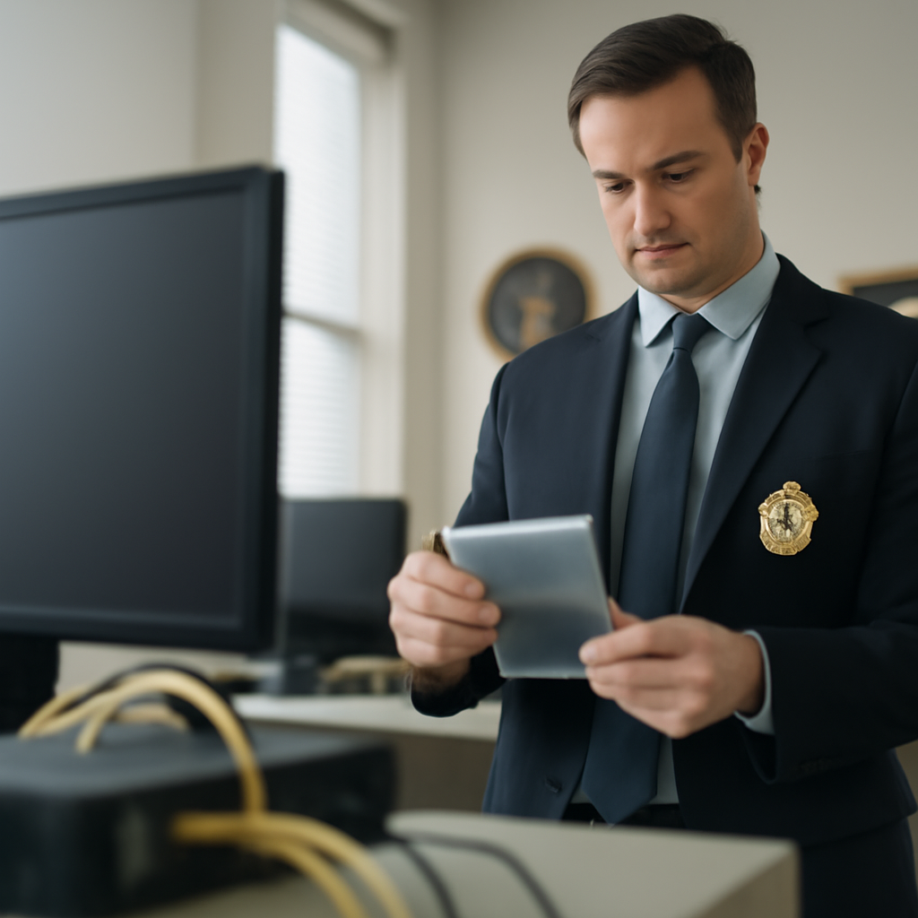 Federal law enforcement office with tech and cybersecurity elements, blurred computer equipment in foreground.