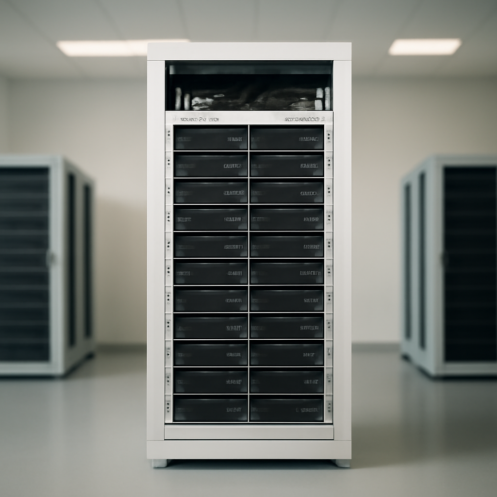Server equipment in a clean, clinical data center environment with ambient daylight.