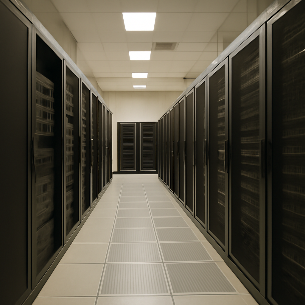 Rows of computer servers and equipment in a secure, institutional data center setting.