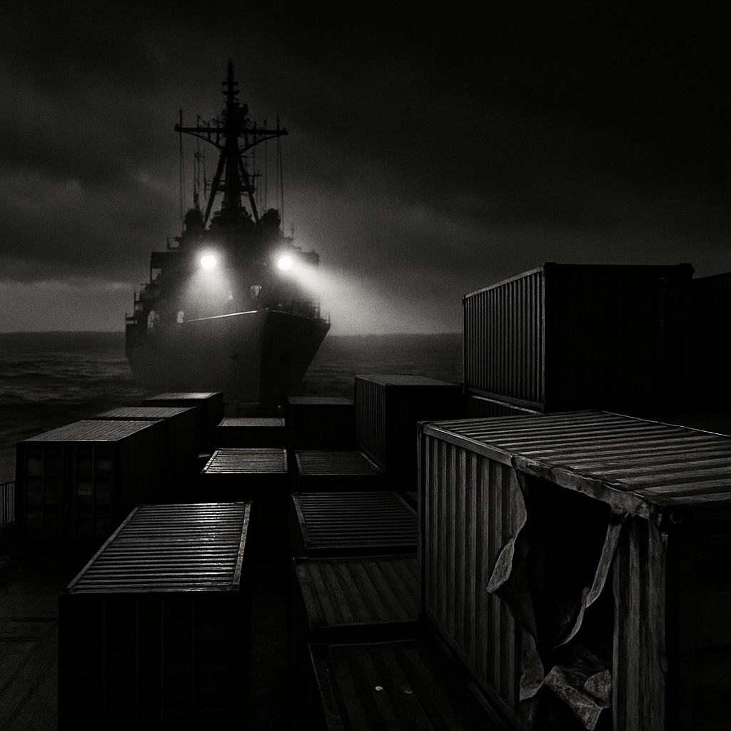 Seized ship with damaged cargo containers under naval surveillance in the Indo-Pacific.