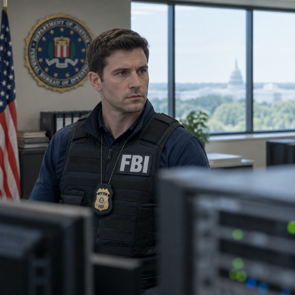 Law enforcement officer stands near computer equipment in government agency setting.