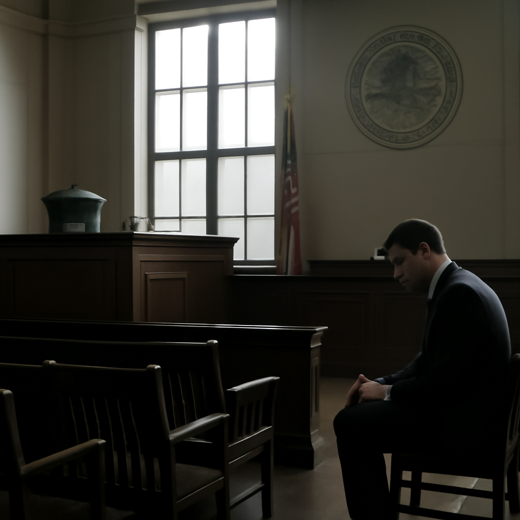 Federal courthouse interior with defendant seated in courtroom.