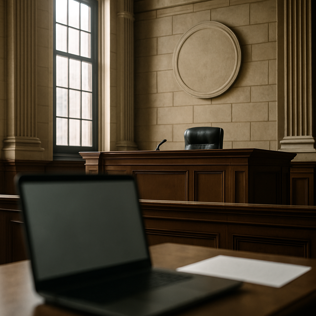 Government building with tall windows, abstract seal, and blurred laptop in foreground.