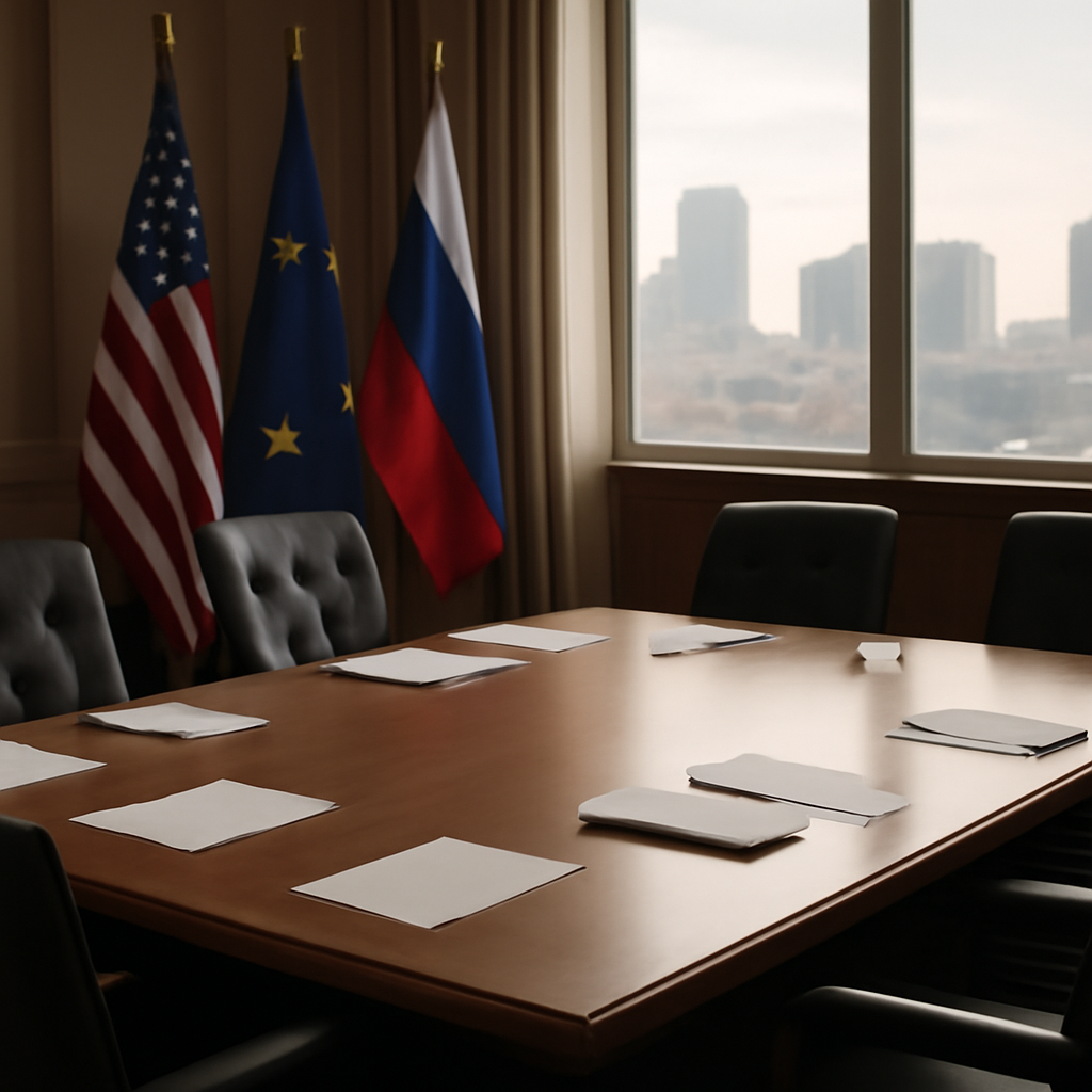 Formal diplomatic meeting room with wooden table, chairs, and flags, lit by soft natural daylight.