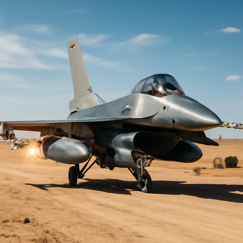 Military aircraft in desert environment with scattered equipment, preparing to launch munitions.