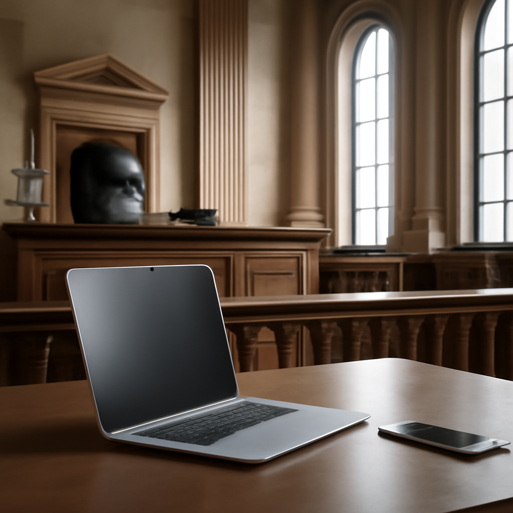 Formal courthouse interior with tall windows, subtle tech symbols.
