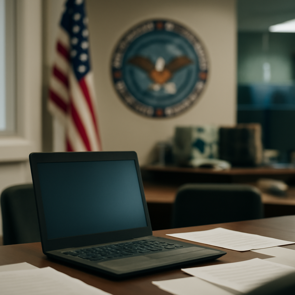 US military base with laptop in foreground, hinting at digital scrutiny.