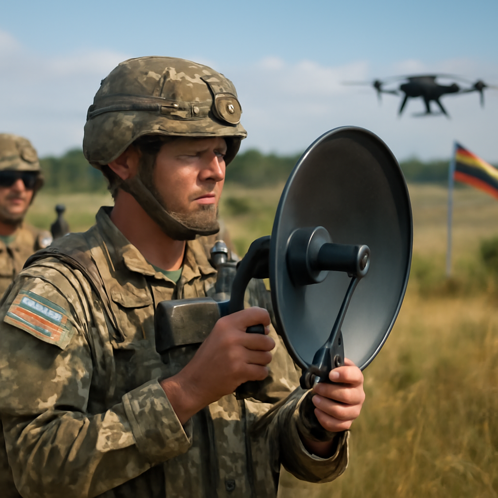 US military personnel in camouflage gear training with sound detection equipment to identify drones in a field setting.