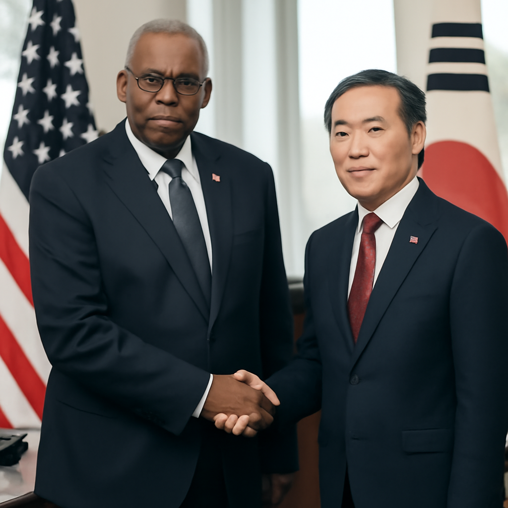 High-ranking US and South Korean defense officials meet in a formal conference room, symbolizing cooperation and partnership.