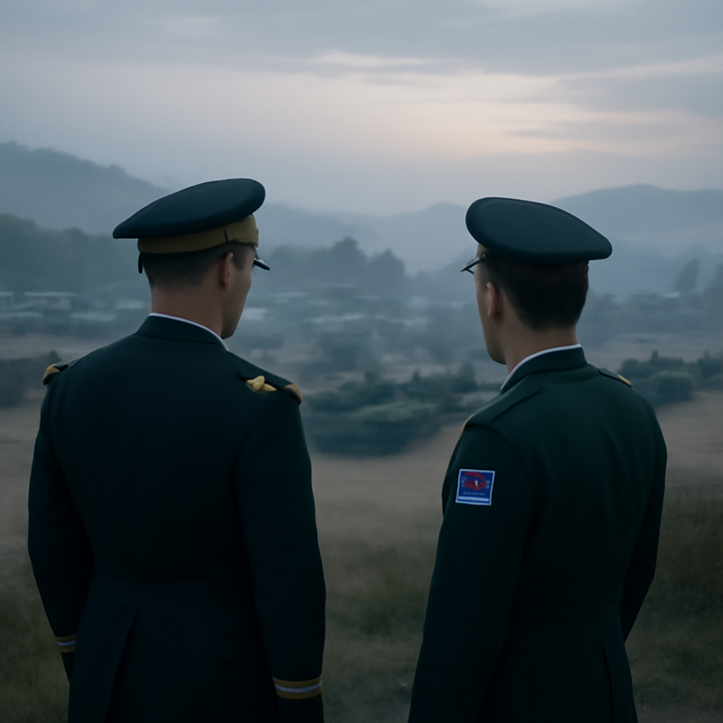 US and South Korean military officers stand together overlooking a military base with tanks and armored vehicles at dawn.