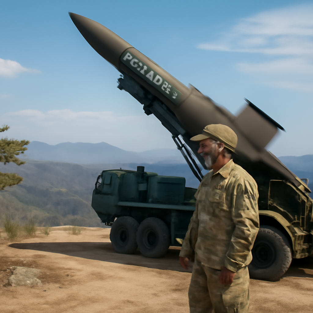 US military personnel stands beside launcher vehicle carrying Dark Eagle hypersonic missile in rugged Korean Peninsula…
