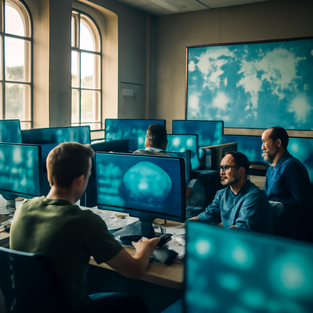 Intelligence analysts work at stations in a collaborative government workspace with a large map in the background.