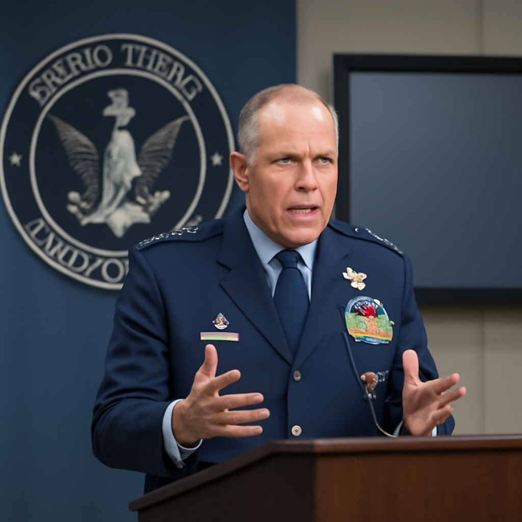 US military officer briefs personnel in a conference room with a Space Command emblem in the background.