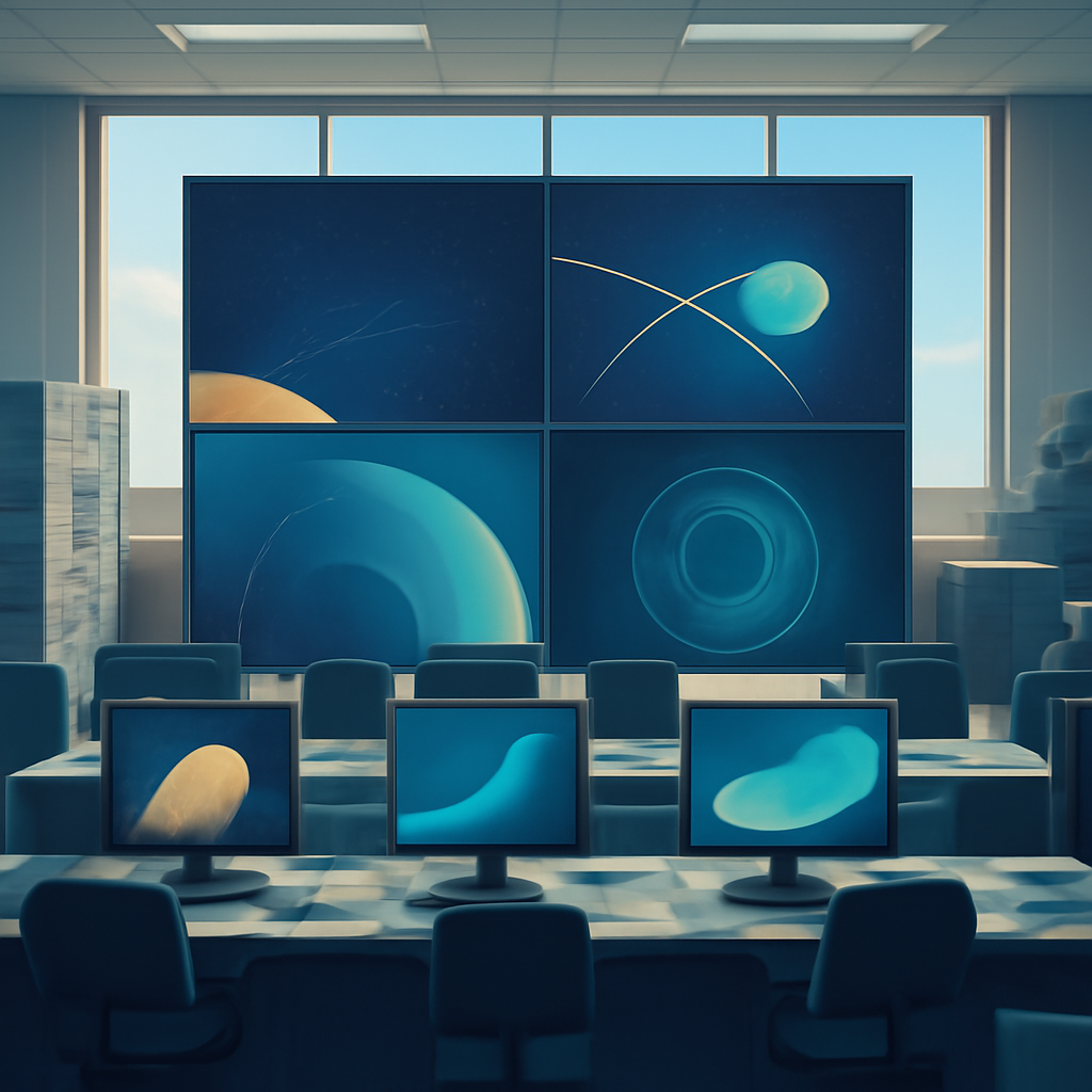 Satellite control room with computer consoles and screens displaying space data.