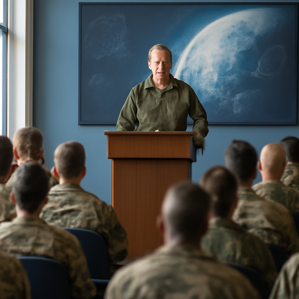 Formal military briefing room with podium and seated personnel.