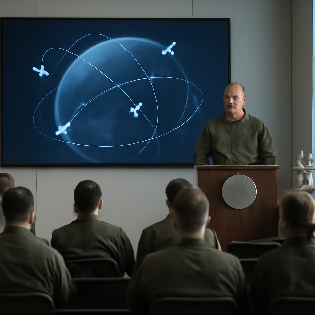 Military briefing room with officer at podium and screen displaying Earth's orbit.