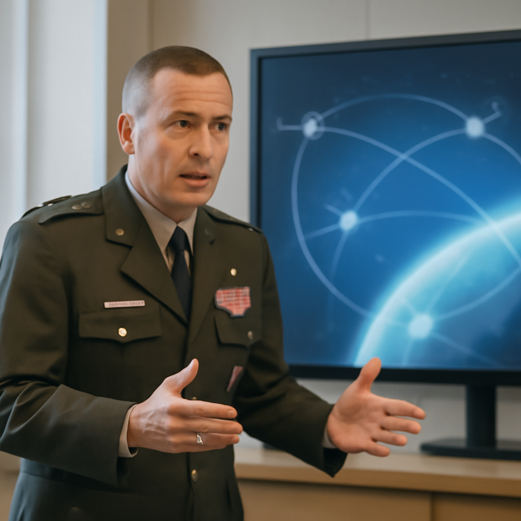 US military officer briefs in front of a large screen displaying a conceptual representation of space operations.