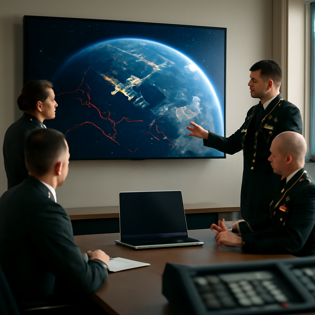 Military personnel gather around a console with a large screen display showing a space-based visualization.