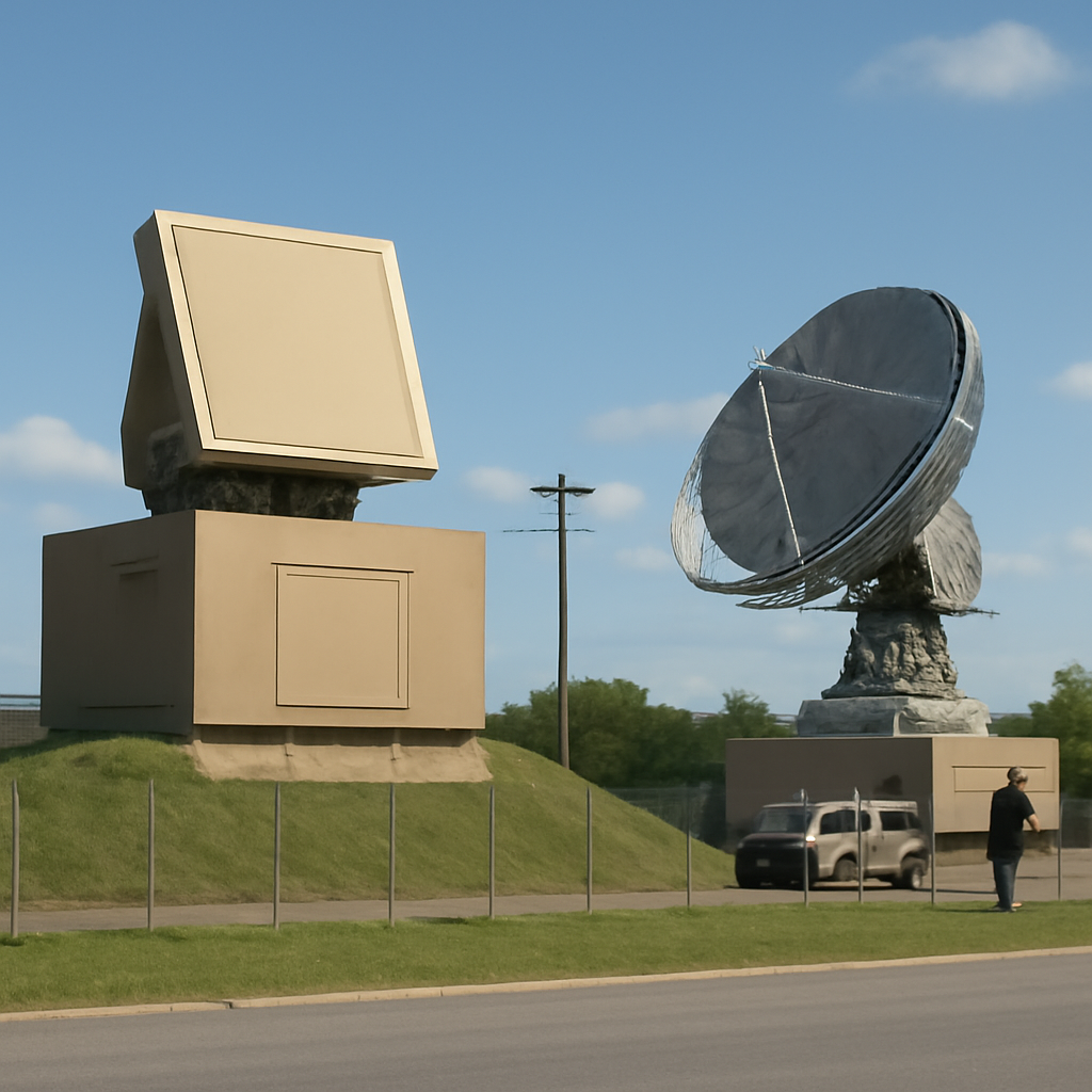 Ground-based space defense system with radar array under clear blue sky.