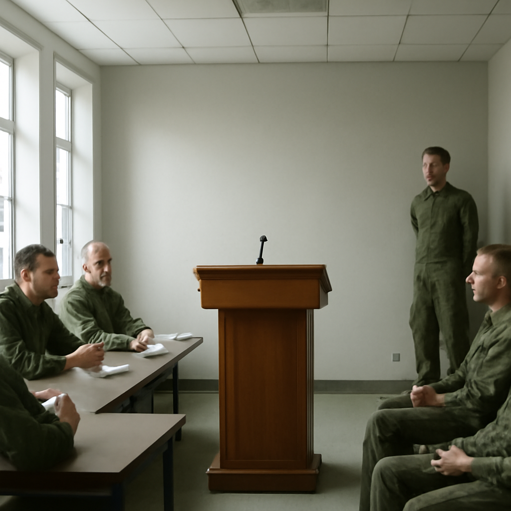 Military briefing room with empty podium and small group of attendees.