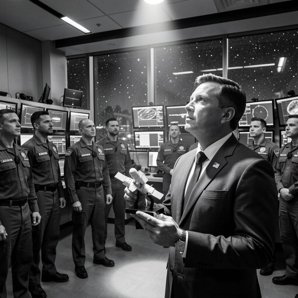 Space Force personnel stand in front of modern operations room with computer screens and starry night sky view.