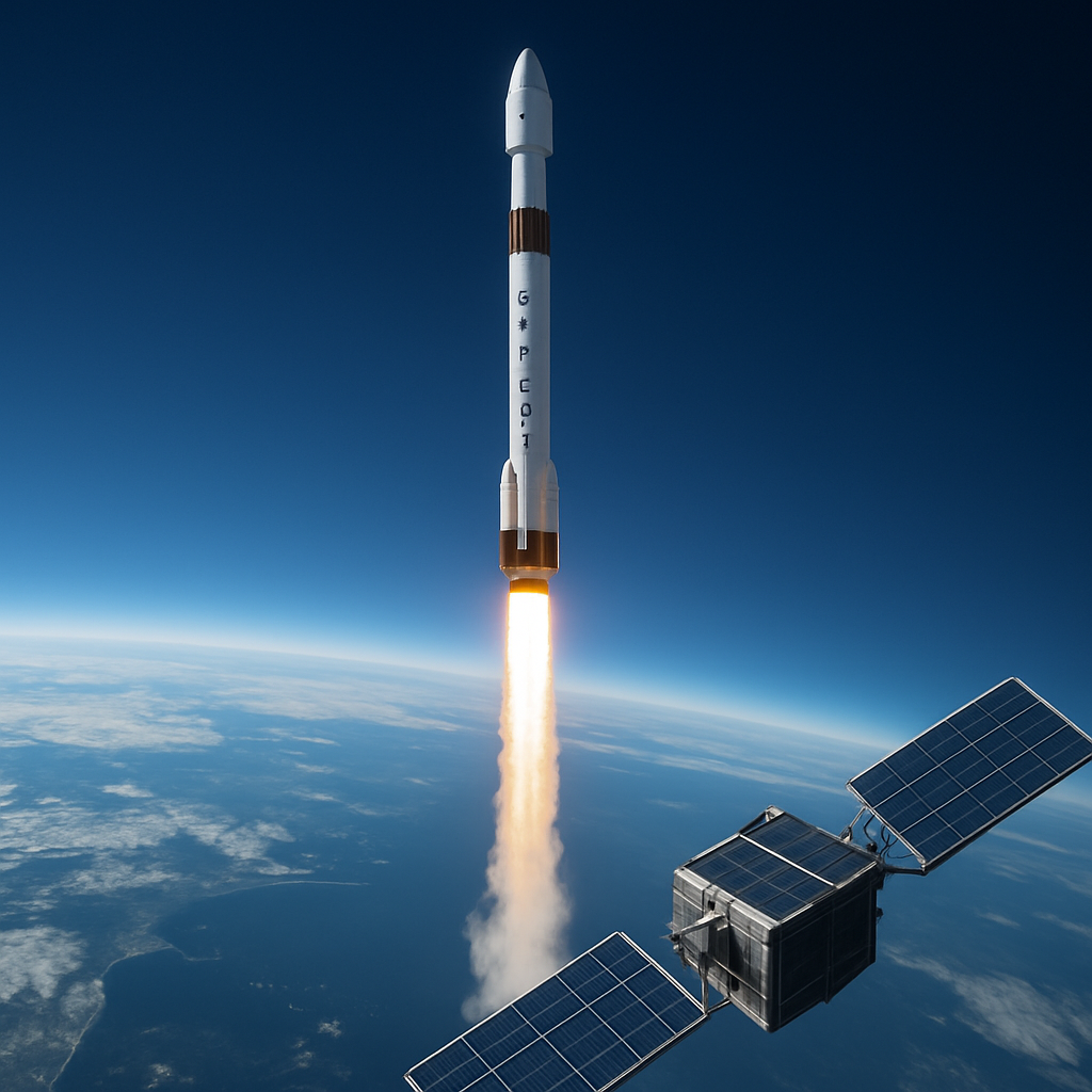 SpaceX Falcon 9 rocket launching into a daytime sky with Earth's curvature visible.