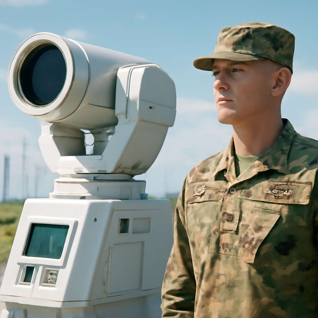 US Space Force personnel stands beside directed-energy defense system at Cape Canaveral.