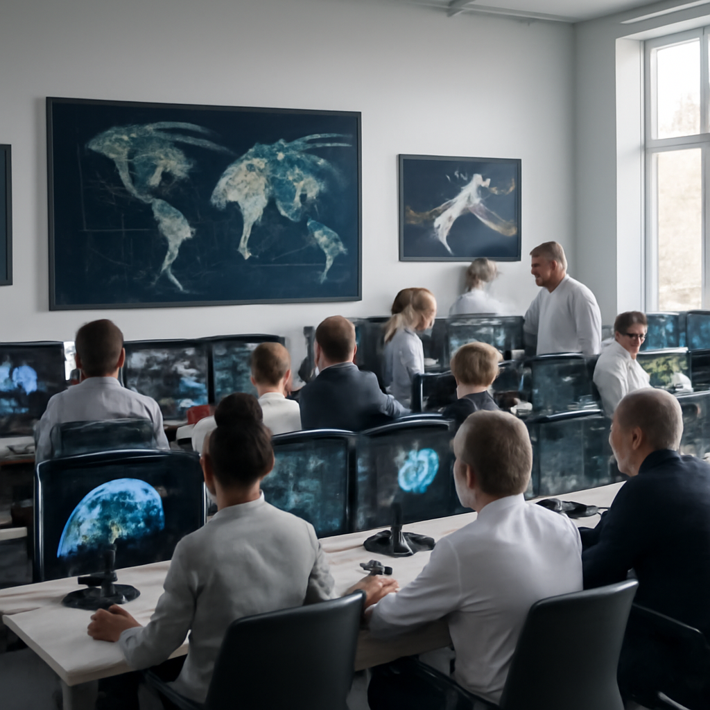 Control room with engineers and technicians working at computer workstations, surrounded by screens and satellite models.