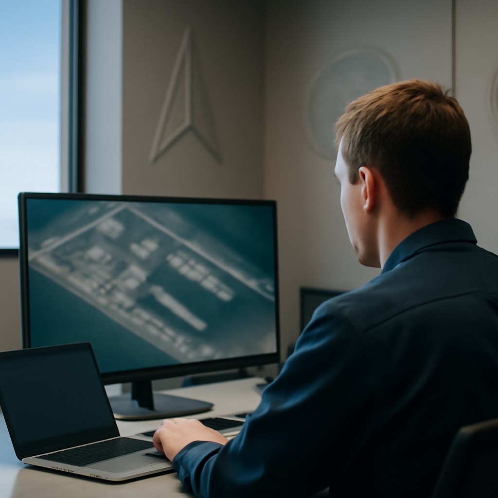 US Space Force analyst views satellite image on monitor at workstation.