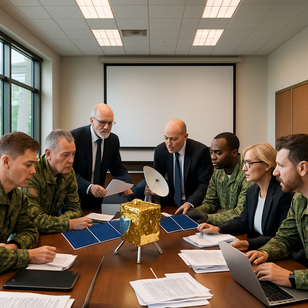 Military personnel and civilians in formal attire gather around a conference table with a large screen at the front and…