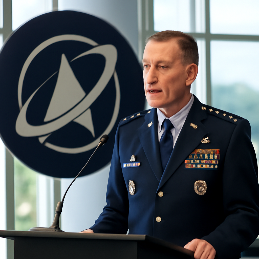 US military officer speaks at podium with emblem and window in background.