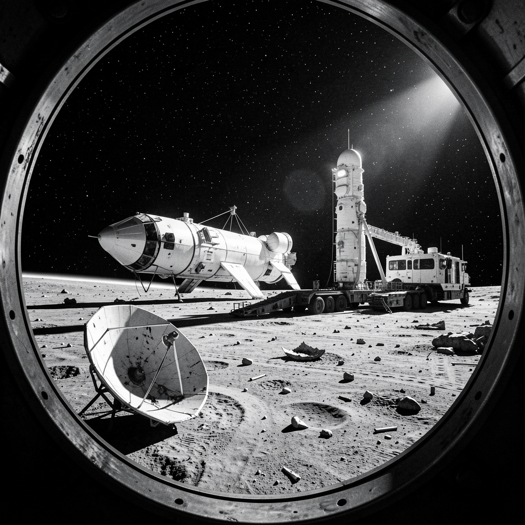 Spacecraft refuels in orbit with space tug docked, set against starry night sky, with abandoned satellite dish in foreground.