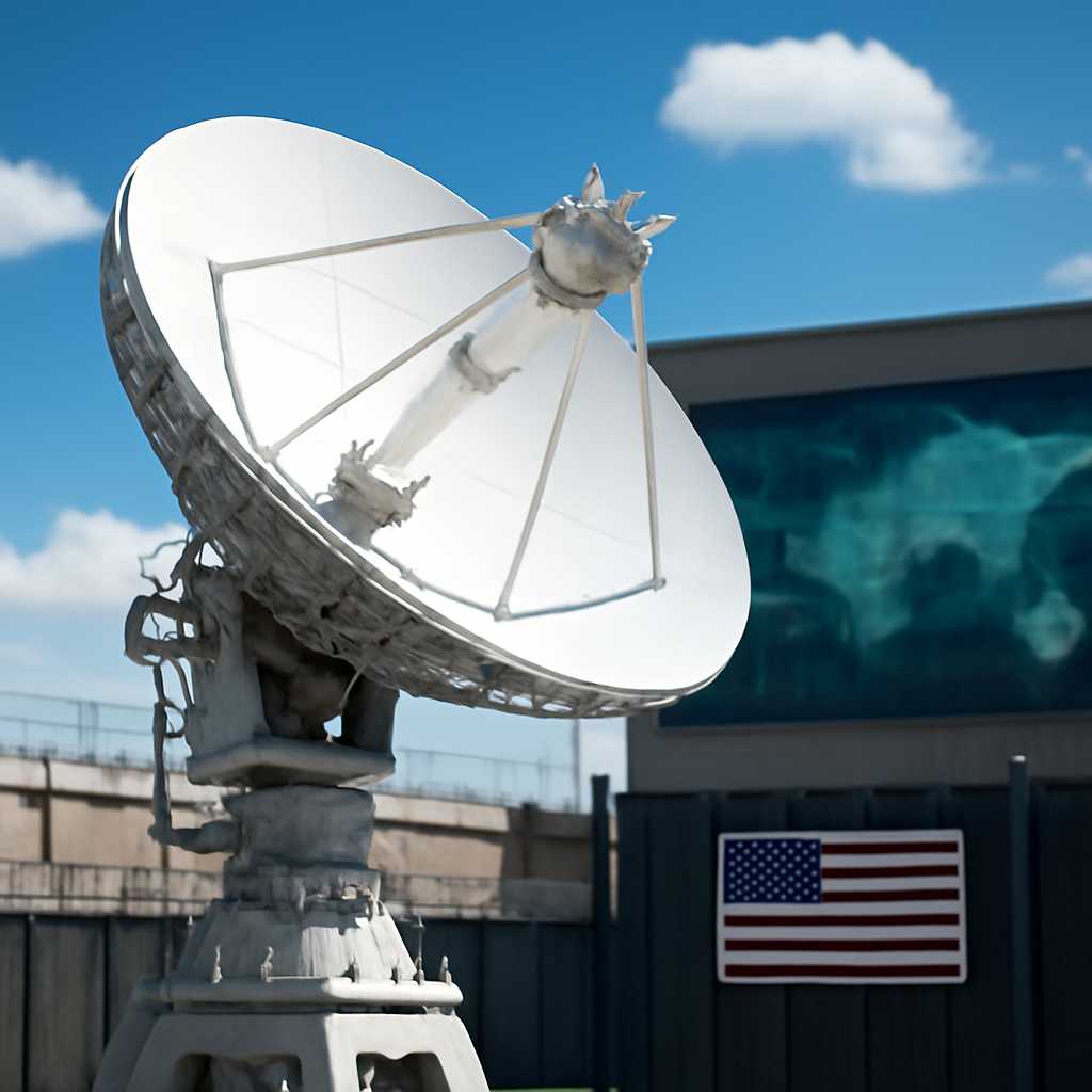 Satellite dish on a secure US military base with clear blue sky and clouds.