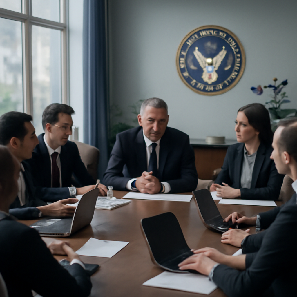 Government officials in business attire meet around a conference table with laptops and papers.