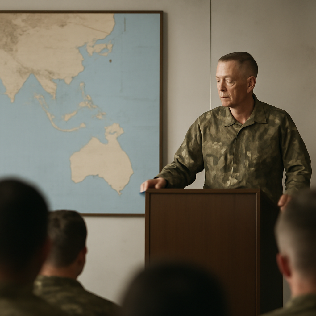Military commander addresses audience in briefing room with Indo-Pacific map behind.