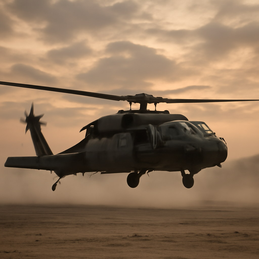 US military helicopter takes off from desert terrain at dawn with muted earthy tones.