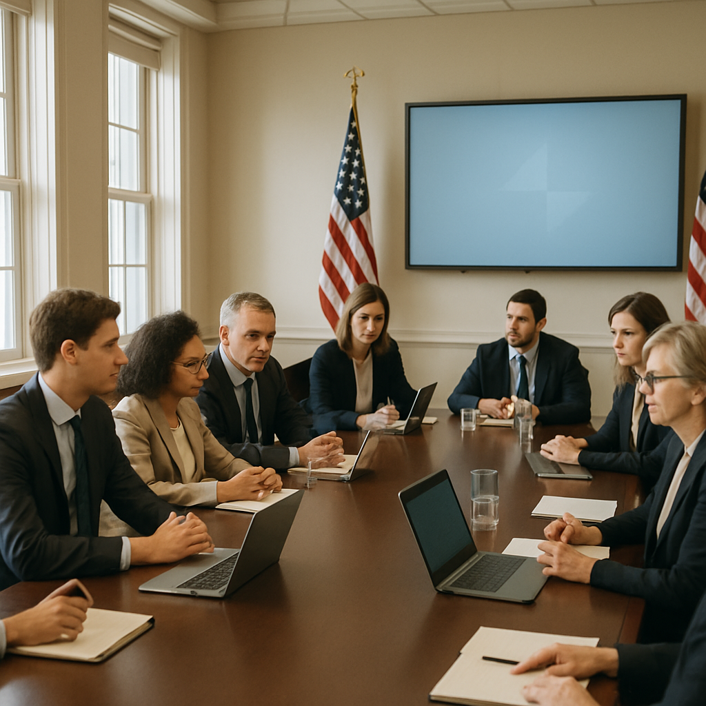 Professionals in a well-lit conference room engaged in discussion around a table with laptops and notes.