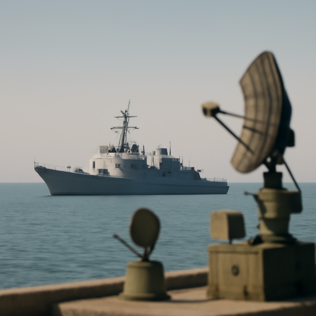 Naval vessel and ships on calm sea with defense systems in background.