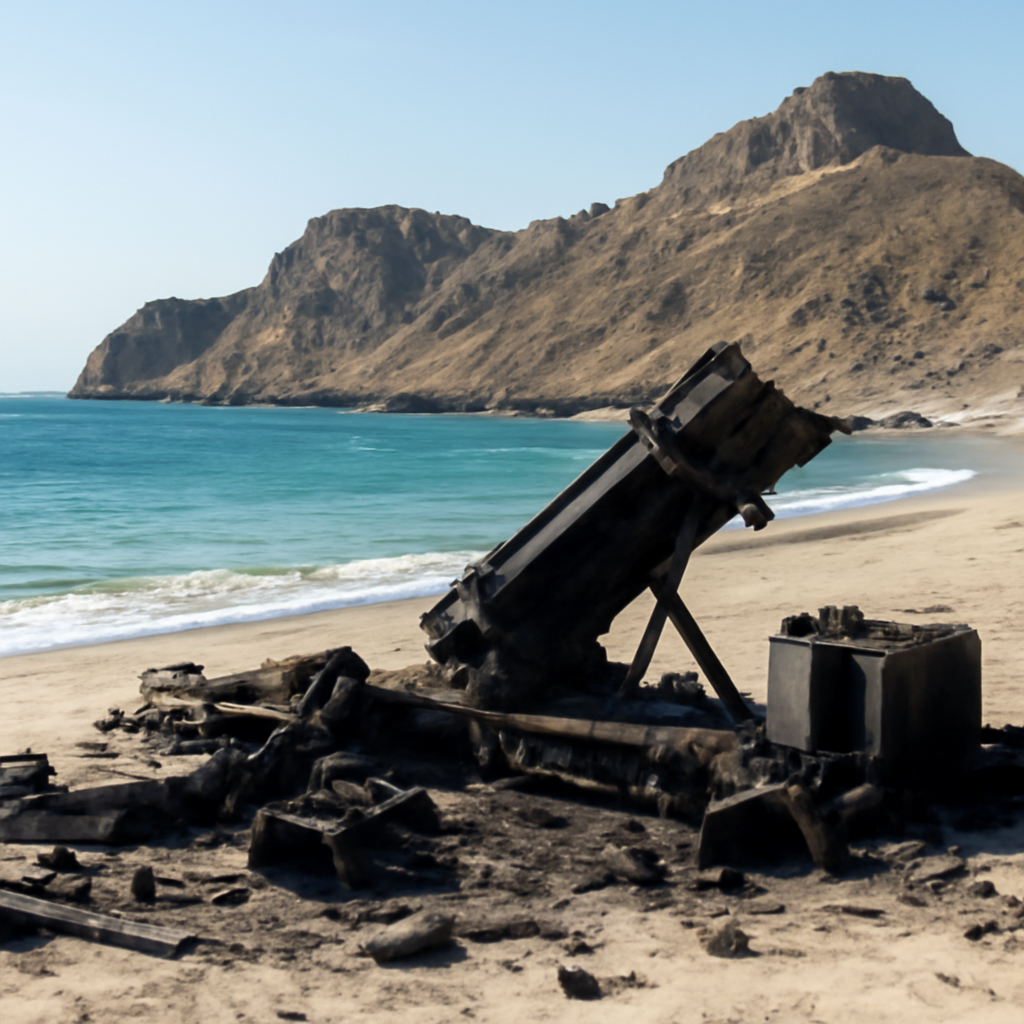 Damaged launcher platform on a deserted beach with rugged coastline in background.