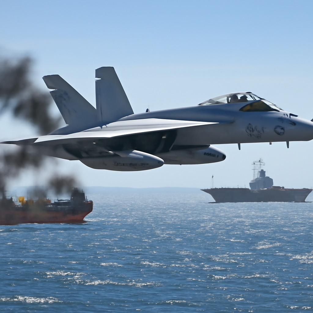US Navy fighter jet flies over damaged tanker with aircraft carrier in background.