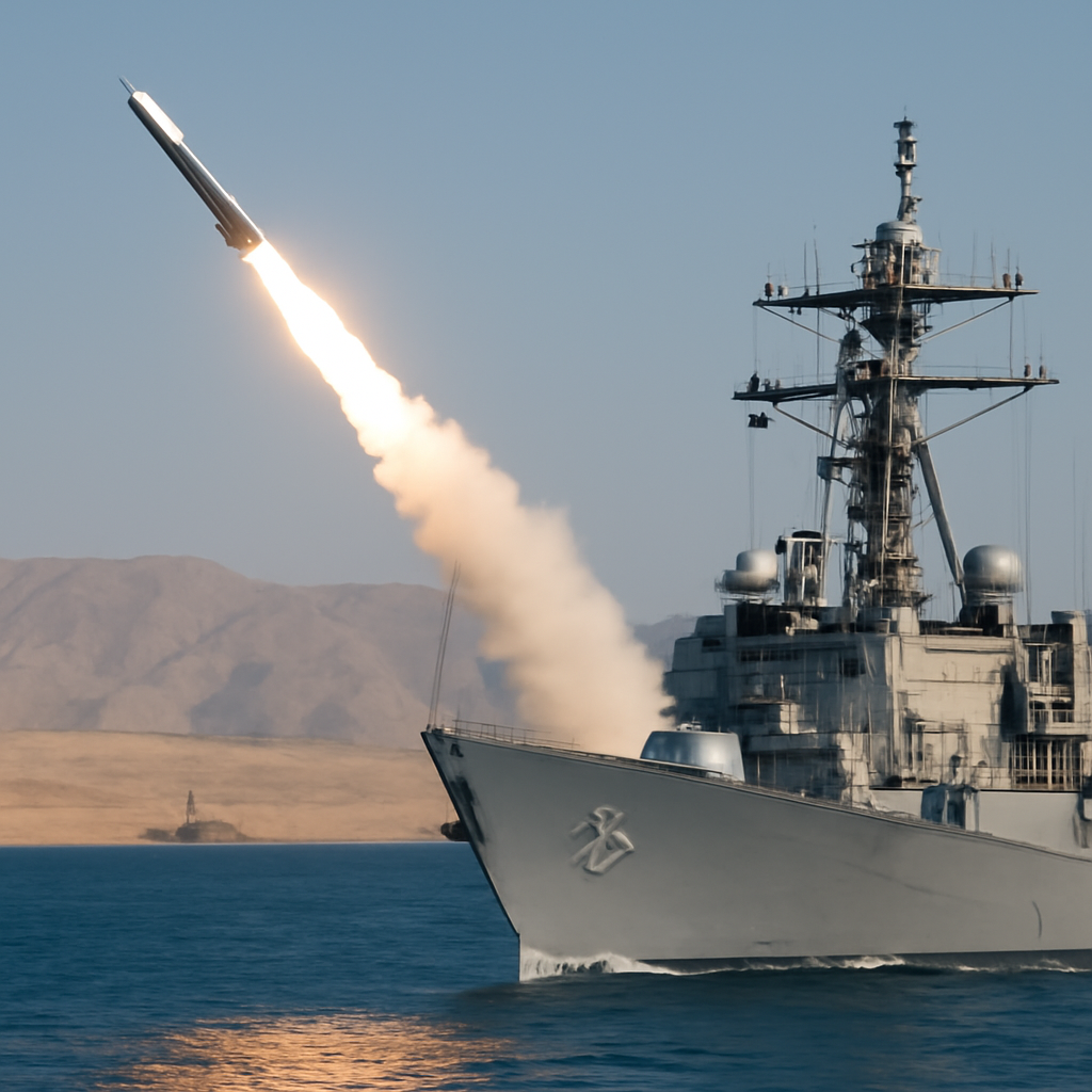 Military aircraft launches missile over arid coastline under clear skies.