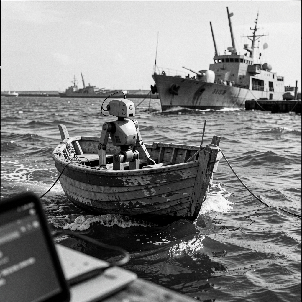 Weathered wooden boat with robot on board in choppy waters near destroyed naval ship.