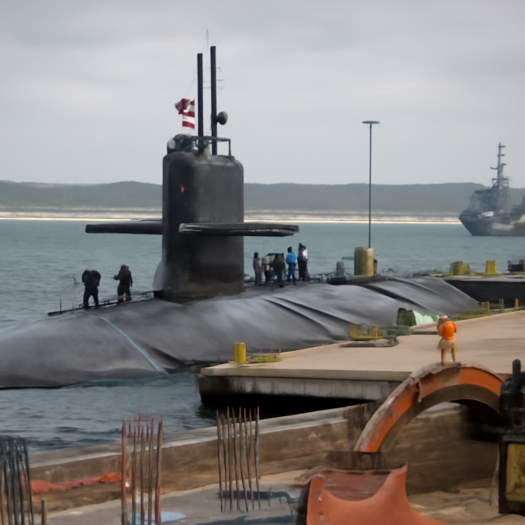 US submarine docked at naval base with Australian coastline in background.