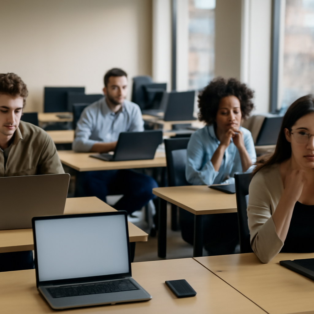 People work at computer stations in a well-lit office interior, some looking concerned.